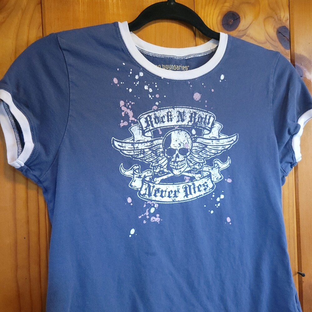 Y2k 00s vintage vtg No Boundaries Medium Blue Cotton Blend baby tee ringer large